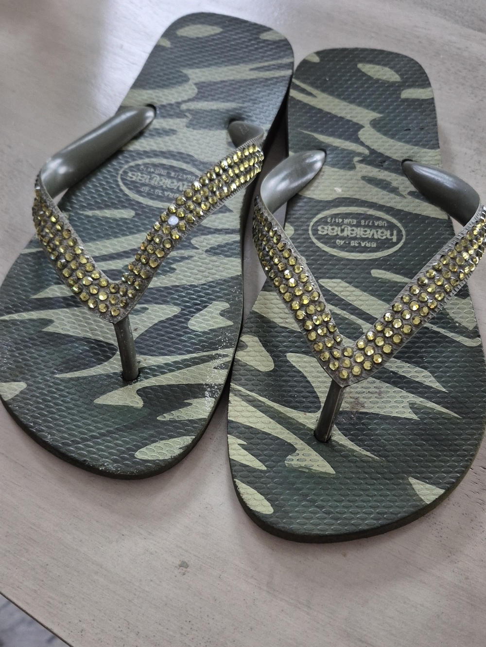 Havaianas Olive Green Camo Flip Flops with Gold Crystal Straps